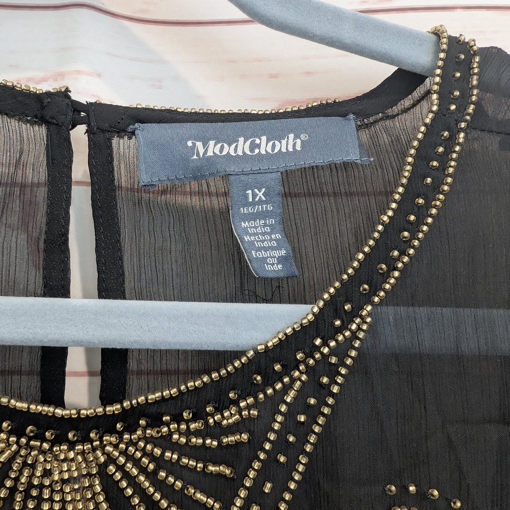 🎉 SALE 🎉NWT Modcloth Black Sheer Blouse with Gold Bead Embroidery - Picture 5 of 12